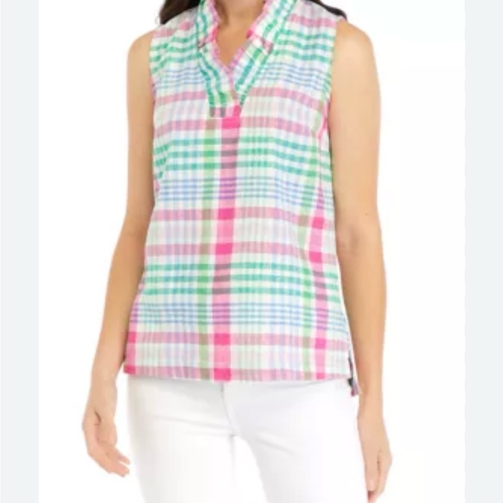 Crown & Ivy Linen Blend Plaid Sleeveless Ruffle Collar Blouse Sz M NWT